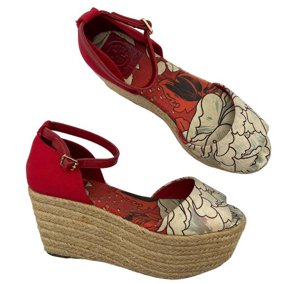 Tory Burch Platform Wedge Espadrilles Sandals Red Floral Open-Toe | Size: 8M - Picture 1 of 13